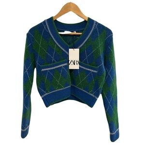 Zara V-Neck Argyle Sweater in Blue and Green